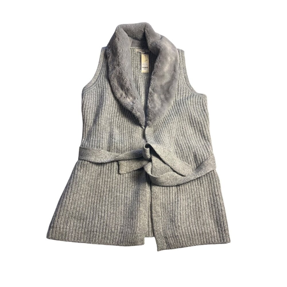NWT-Francescas Gray Knit Vest With Faux Fur Collar & Belt Sleeveless Size S